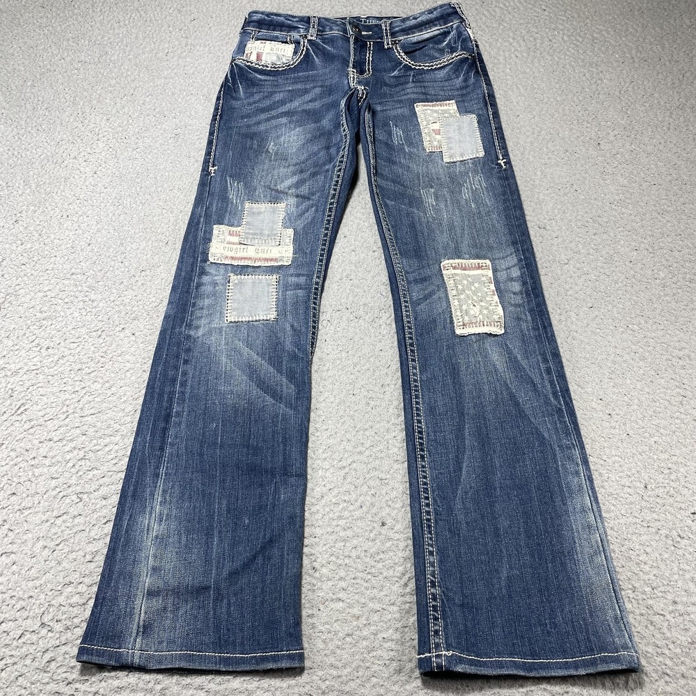 Cowgirl‎ Tuff Co Jeans Womens 26 Blue Flag Patchwork Bootcut Distressed 28x30.5